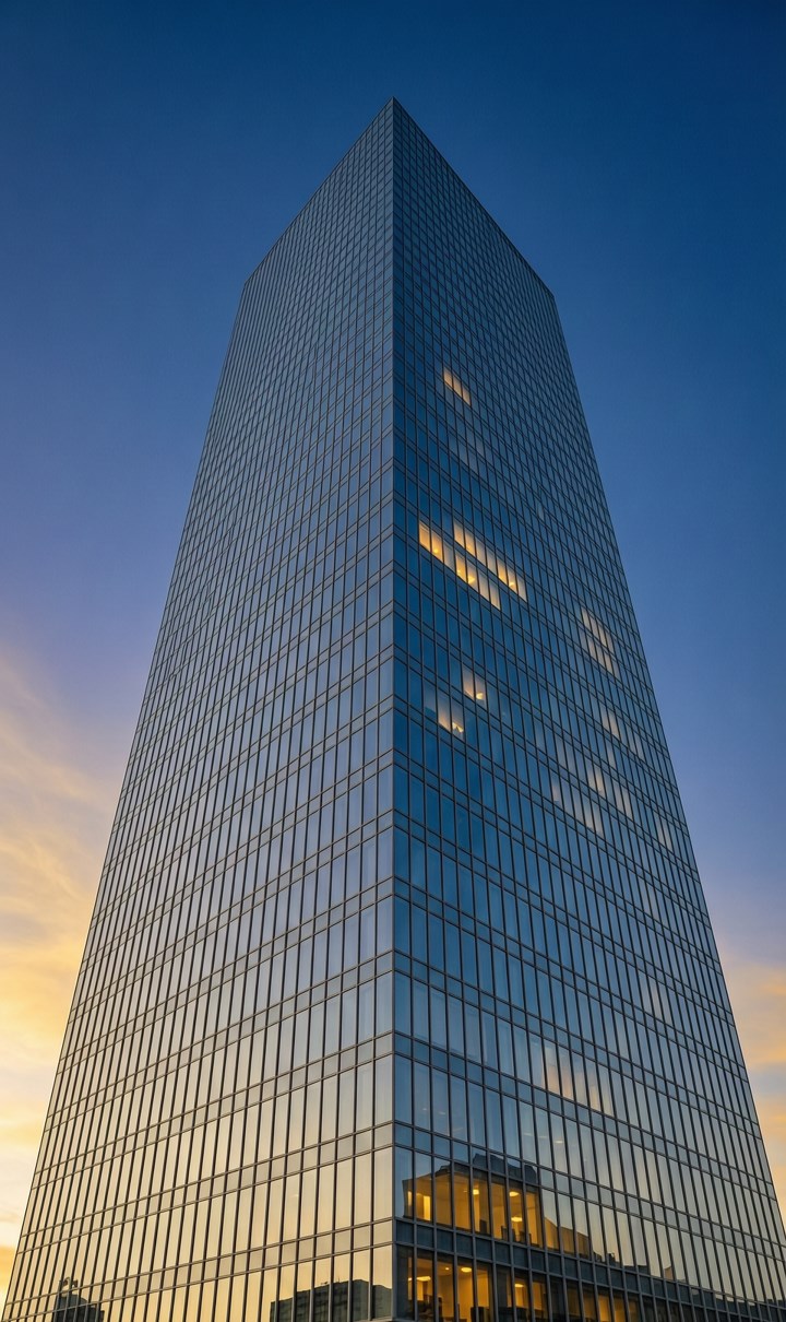 Modern glass office tower at dusk